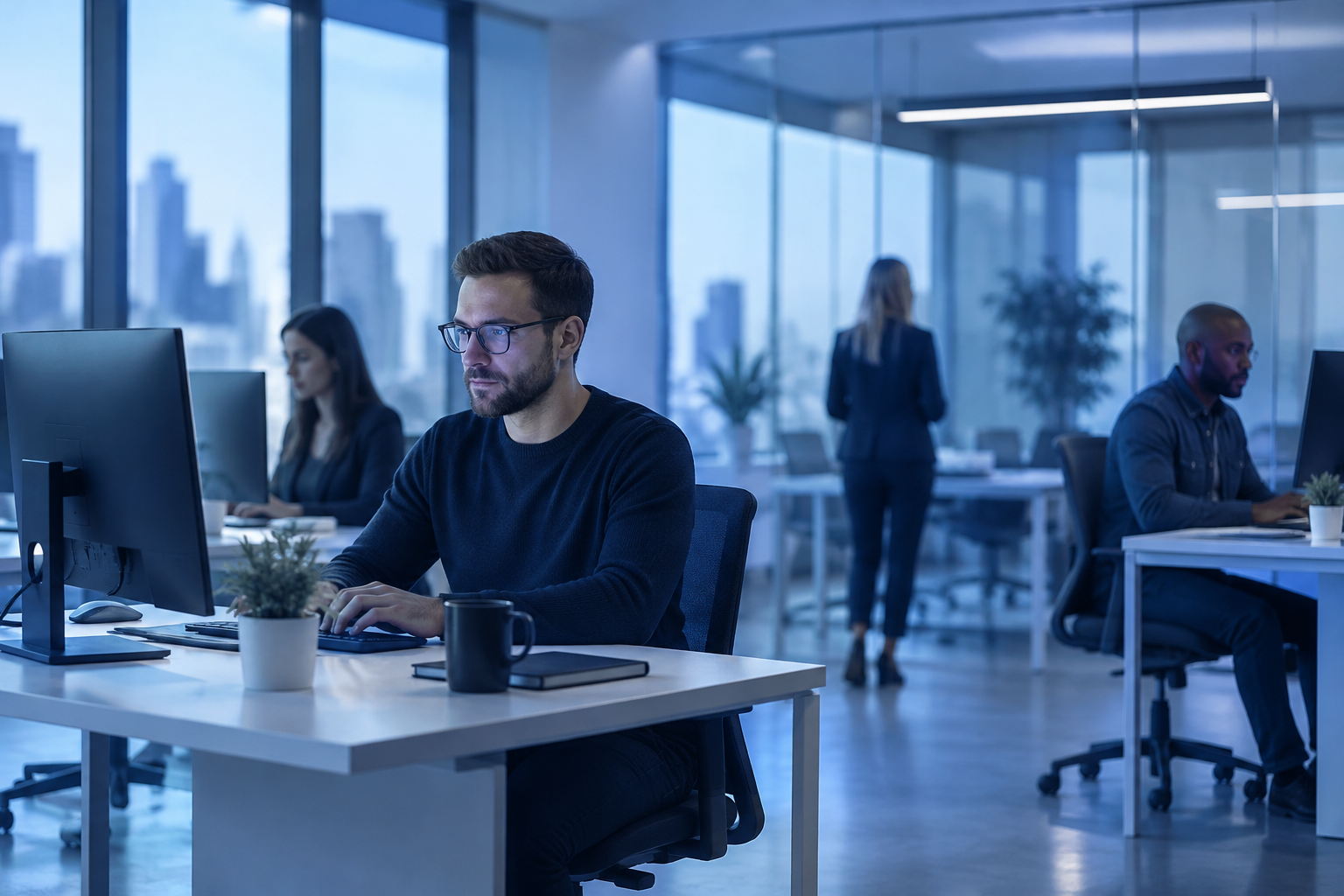 Über uns Ein modernes Büro, in dem ein Beraterteam an Bildschirmen arbeitet