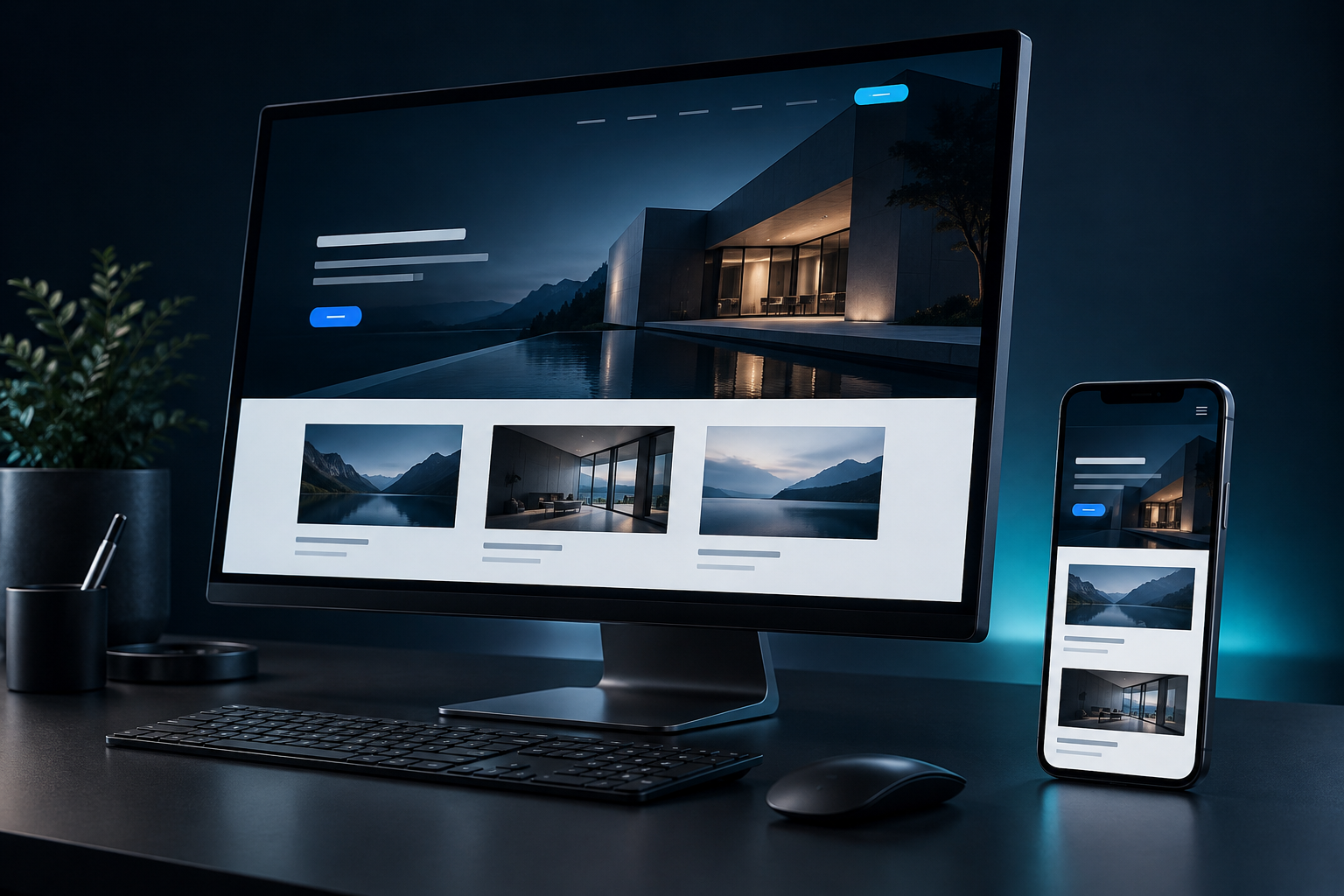 Desktop-Monitor und Smartphone mit einer modernen, mobiloptimierten Unternehmenswebsite