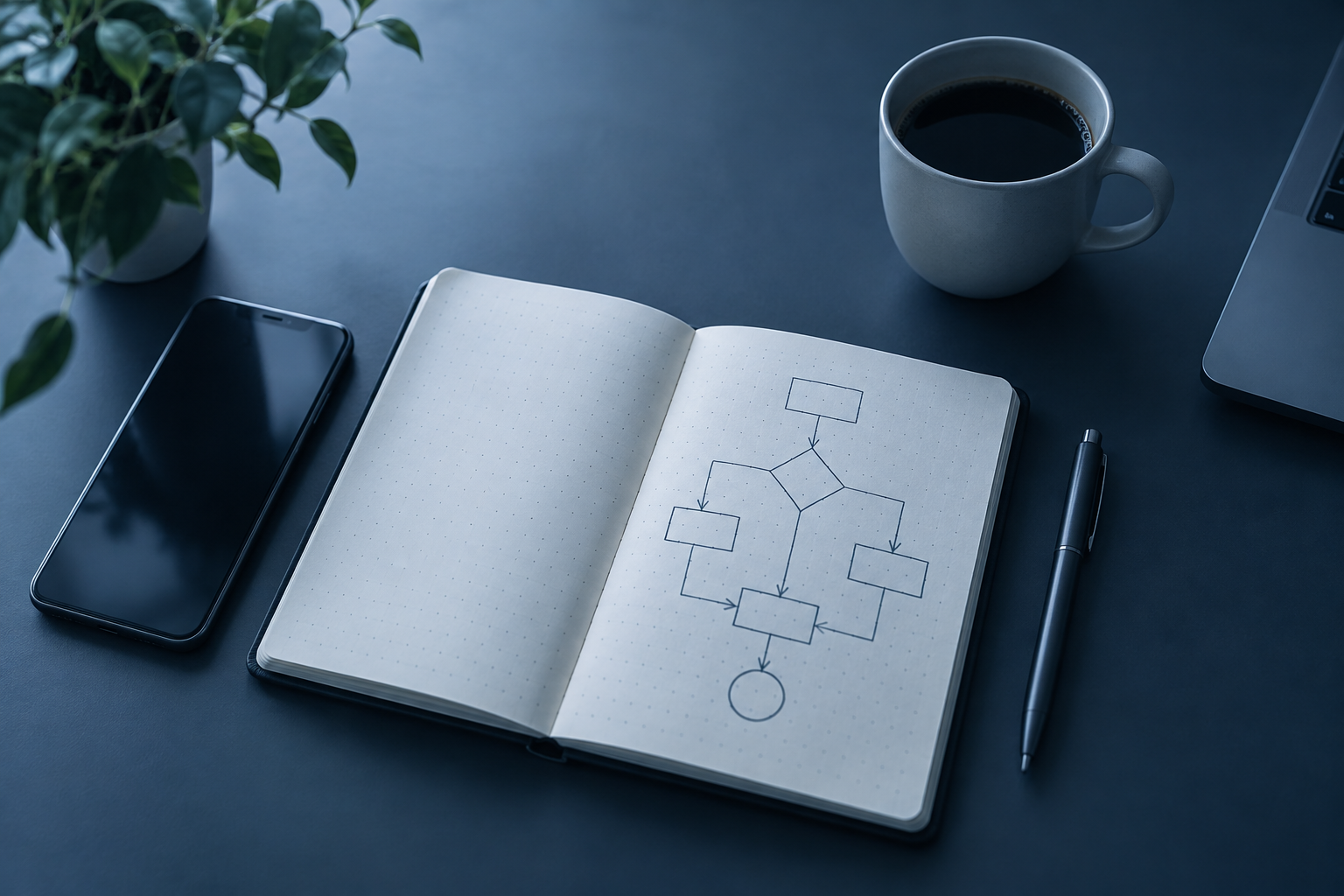 Über uns Ein Arbeitsplatz mit Notizbuch, Flowchart, Smartphone und Kaffee für die Prozessplanung