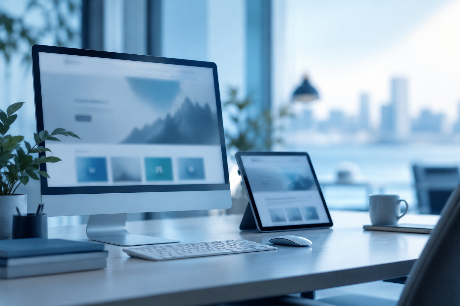 Modernes Arbeitsplatz-Setup mit Bildschirmen, die eine saubere Website zeigen